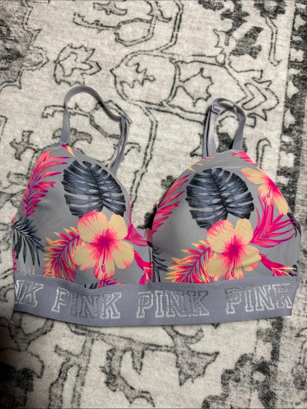 PINK Victoria's Secret Gray Floral Padded Bralette with Pink & Yellow Accents
